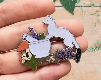 Original Ermine Pin with mushrooms, lavender, and pestle - Witchy familiar