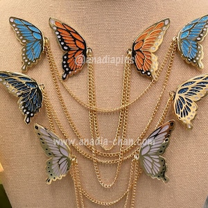 Butterfly Wings Collar Pins Gold Plate Hard Enamel Pins w/ Chain - Fantasy and Cosplay Jewelry - Monarch butterfly style wings