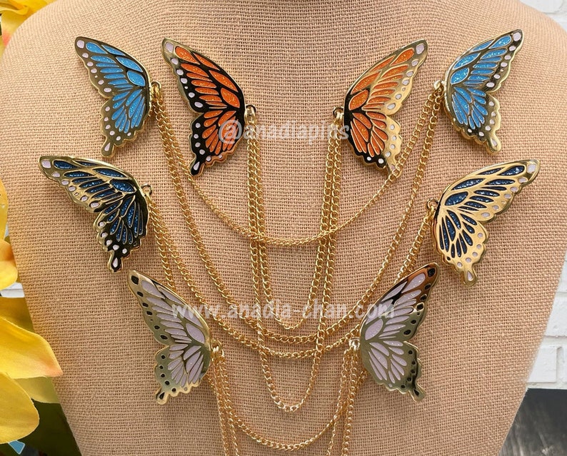 Butterfly Wings Collar Pins Gold Plate Hard Enamel Pins w/ Chain - Fantasy and Cosplay Jewelry - Monarch butterfly style wings 