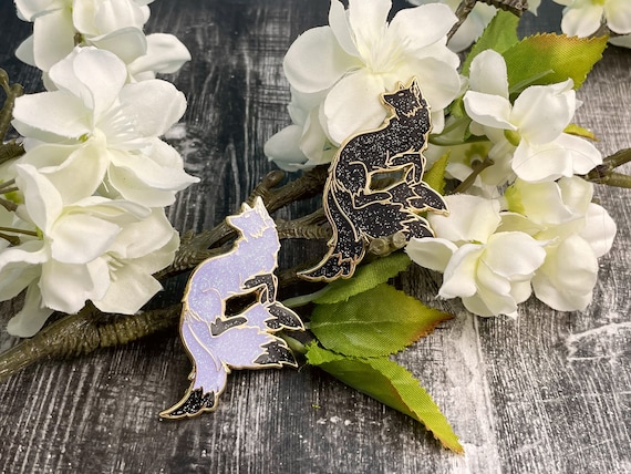 Original Starry Kitsune Fox Hard Enamel Pins Black Glitter Three Tailed Fox from Japanese Mythology