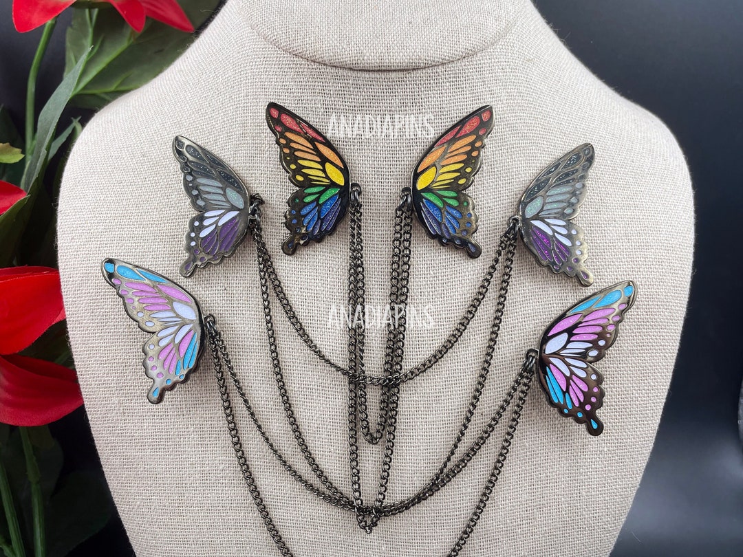 Pride Butterfly Wings Collar Pins Black Plate Hard Enamel Pins W/ Double Chain - Fantasy and Cosplay Jewelry - Rainbow, Ace, Trans, and More - Etsy