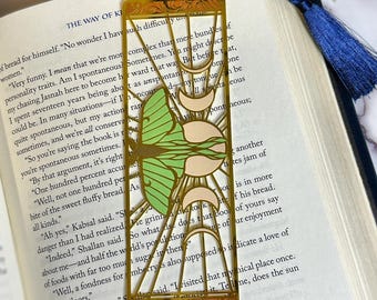 Fantasy Lunar Moth Moon Cycle Metal Bookmarks ~ Gold Metal and Enamel with Tassel