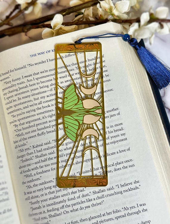 Fantasy Lunar Moth Moon Cycle Metal Bookmarks ~ Gold Metal and Enamel with Tassel