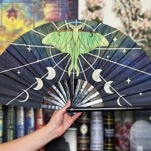 Lunar Moth Moon Cycle Folding Hand Fan - Fabric and Bamboo