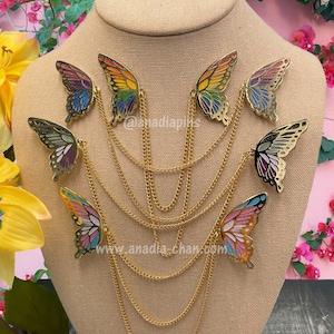 Pride Butterfly Wings Collar Pins Gold Plate Hard Enamel Pins w/ Double Chain - Fantasy and Cosplay Jewelry - Rainbow, Ace, Trans, and more