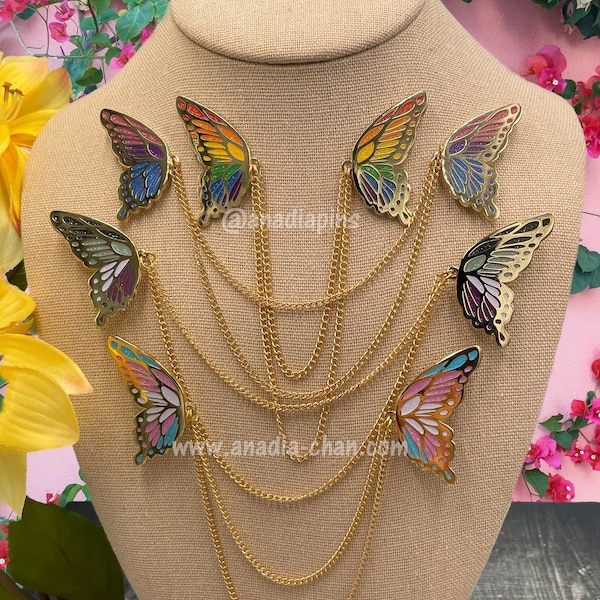 Pride Butterfly Wings Collar Pins Gold Plate Hard Enamel Pins w/ Double Chain - Fantasy and Cosplay Jewelry - Rainbow, Ace, Trans, and more