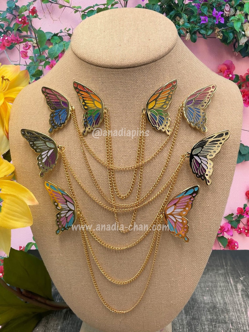 Pride Butterfly Wings Collar Pins Gold Plate Hard Enamel Pins w/ Double Chain - Fantasy and Cosplay Jewelry - Rainbow, Ace, Trans, and more 