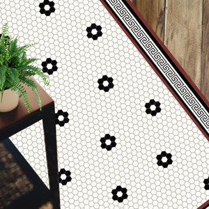 Retro Black and White Mosaic Vinyl Floor Mat: Geometric PVC Rug