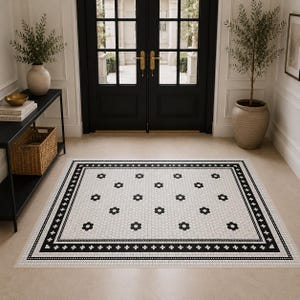 Retro Black & White Vinyl Floor Mat: Geometric Mosaic Pattern