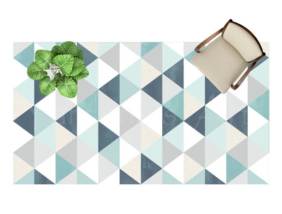 Vinyl Mat.Geometric pattern.vinyl rug. kitchen rug. Linoleum rug.rug Floor  mat.triangle Pattern. Gift mat for home and office.Light blue Mat