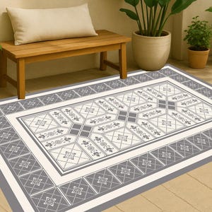 Gray Tile Pattern Vinyl Rug , Gray and Cream Rug, Custom size vinyl mat, Decorative vinyl mat for Entryway, Dining Room or Bedroom Rug