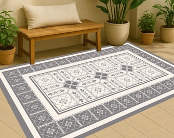 Gray Tile Vinyl Rug: Boho-Ethnic Entryway Mat