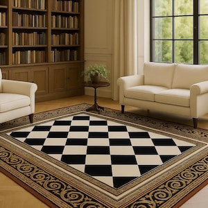 Vintage Black & Cream Checkered Rug: Elegant Entryway Vinyl Mat