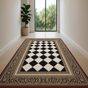 Vintage Black & Cream Checkered Rug: Elegant Entryway Vinyl Mat