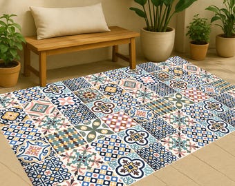 Moroccan Vinyl Floor Mat: Decorative PVC Rug, Tile Pattern