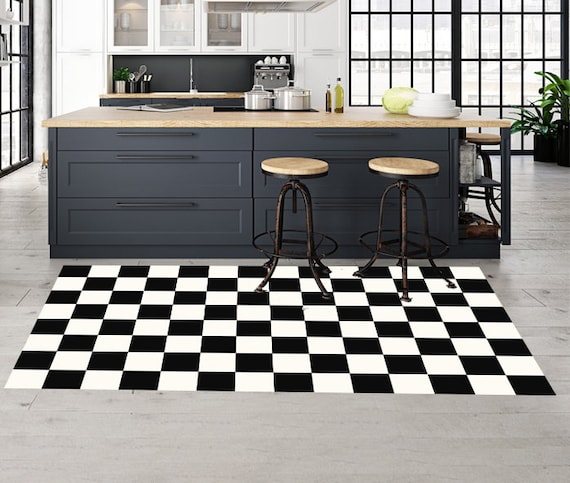 Chess, Black and White, Tiles, Boho Chic, Floor Mat, Decorative Rug,  Linoleum Area Rug, Pvc Kitchen Mat, Vinyl Rug, Bohemian Style, Retro 