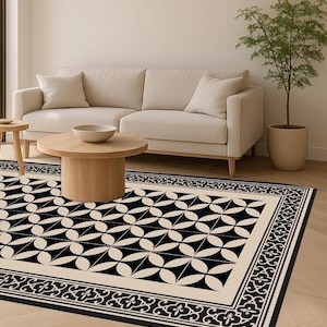 Black and Beige Geometric Vinyl Rug: Mediterranean Tile Design