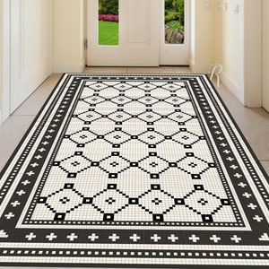 Retro Black and White Mosaic Vinyl Floor Mat: Geometric PVC Rug