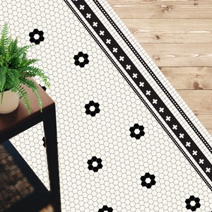 Retro mosaic vinyl mat,Vinyl Mat, Vinyl Rug, Vinyl floor, Geometric Pattern Mat, Art Mat, Kitchen Mat, Linoleom Mat, Pvc mat.Black and white