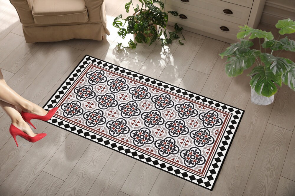 Black & White Vinyl Mat, Vinyl Tiles Mat,floor Mat, Linoleum Rug