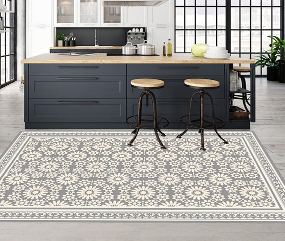 Kitchen Floor Mat With Gray Moroccan Tiles Deisgn. Kitchen Mat, Door Mat,  Pet Mat. Grey Zellige Floor Tiles. 