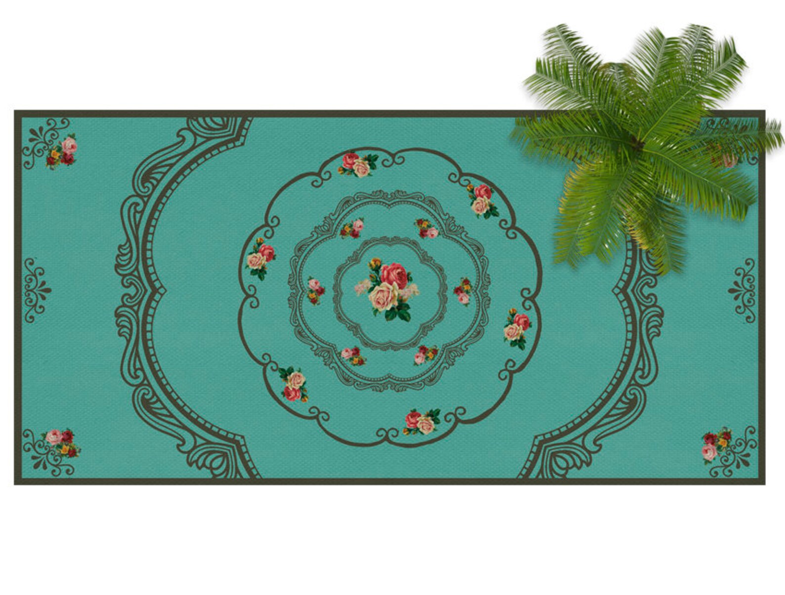 Vinyl mat PVC mat . Turquoise mat Vintage roses. kitchen rug. Etsy