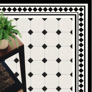 Victorian Geometric Vinyl Floor Mat: Black and White PVC Rug