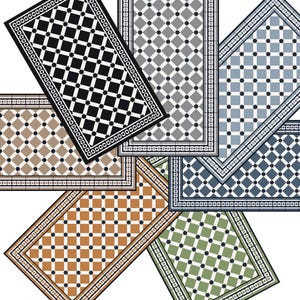 Puede incluir: Seis alfombras de suelo con diferentes patrones con un patrón de diamante. Las alfombras son en blanco y negro, gris y blanco, azul y blanco, naranja y blanco, verde y blanco y marrón y blanco.