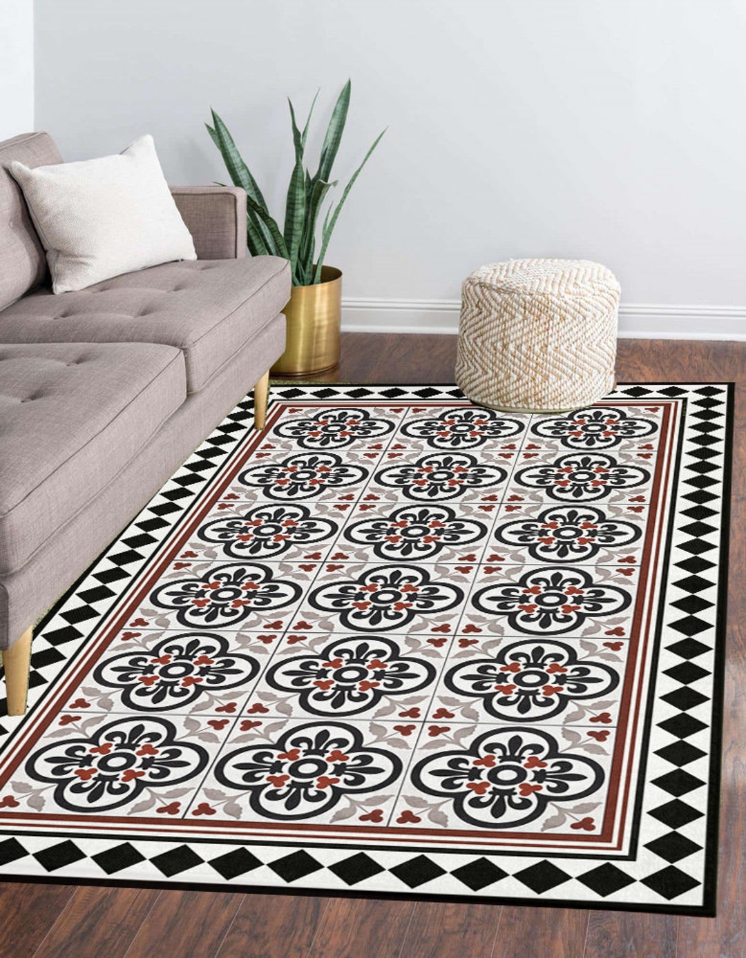 Black & White Vinyl Mat, Vinyl Tiles Mat,floor Mat, Linoleum Rug