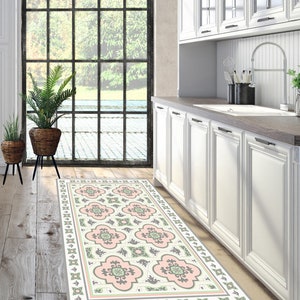 Vinyl floor mat with Moroccan tiles in pink and green. kitchen rug . tiles design mat. vinyl kitchen rug, bath mat, pet mat.
