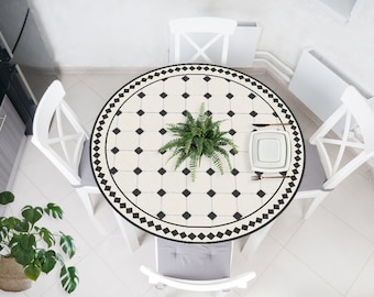 custom Vinyl table cover,Vinyl table Tablecloth ,Round table Vinyl mat.Waterproof Oilproof Heat-resistant .vinyl  Tablecloth.Black and Cream