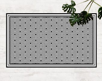 Minimalist Black & White Vinyl Rug – Hexagon Optical Illusion Pattern | Modern Geometric Floor Mat for Living Room, Kitchen or Entryway