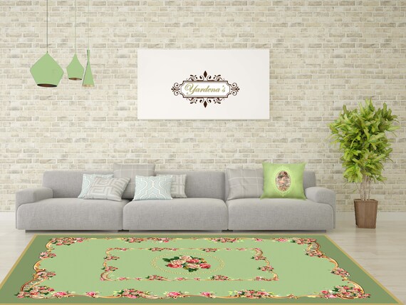 Vinyl Mat Vintage Mat Pvc Mat Green Mat Vintage Roses Kitchen Rug Linoleum Rug Art Mat Rug Floor Mat Free Shipping