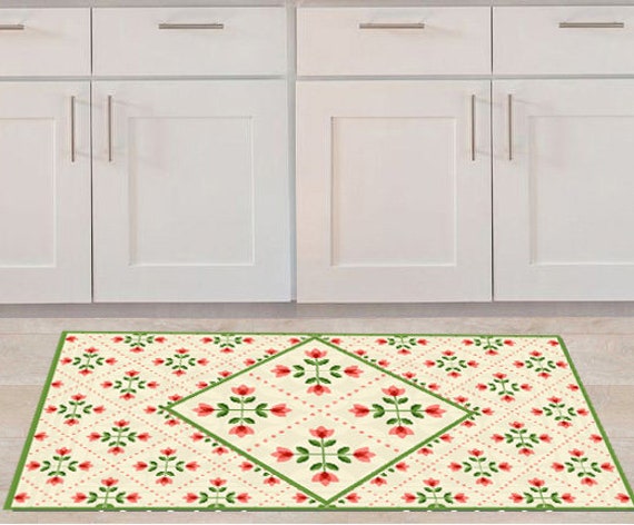 Pvc Vinyl Mat With Green Red Leaves Vinyl Floor Mat Retro Etsy
