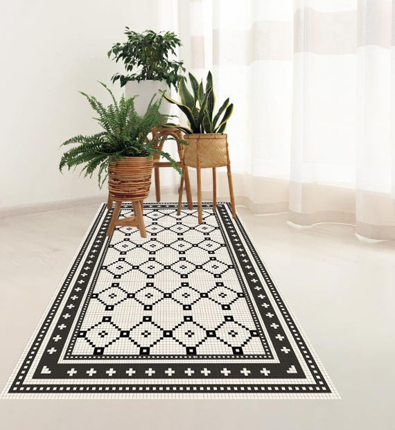 Retro Black and White Mosaic Vinyl Floor Mat: Geometric PVC Rug - Etsy