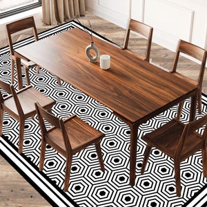 Minimalist Black & White Vinyl Rug – Hexagon Optical Illusion Pattern | Modern Geometric Floor Mat for Living Room, Kitchen or Entryway