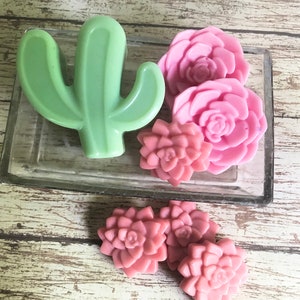 May include: A set of five handmade soap bars shaped like succulents and a cactus. The soaps are pink and green and are displayed on a glass dish.