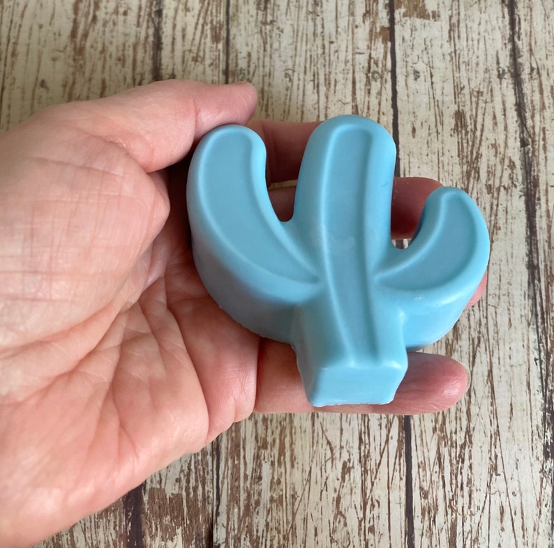 Pu&ograve; includere: Un sapone a forma di cactus di colore azzurro chiaro. Il sapone ha la forma di un cactus con due braccia e una base arrotondata.