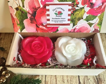 Christmas Soap, Christmas Soap Gift, Rose Soap, White and Red Rose Soaps, Flower Soap, Romantic Holiday Gift, Christmas Gift for Her