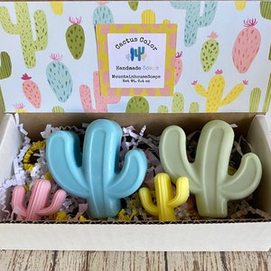 Pu&ograve; includere: Una scatola bianca con un coperchio stampato con cactus. All'interno della scatola ci sono tre saponi a forma di cactus. I saponi sono blu, verdi e rosa. La scatola ha un'etichetta che recita "Cactus Color Handmade Soaps MountainhouseSoaps Net Wt. 6.4 oz."