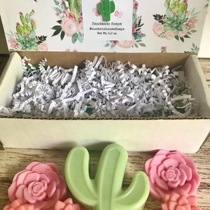 May include: A gift box filled with handmade soaps featuring a cactus and succulent design. The soaps are green, pink, and white. The box is decorated with a floral pattern and the text "Desert Roses Handmade Soaps MountainhouseSoaps Net Wt. 5.0 oz".
