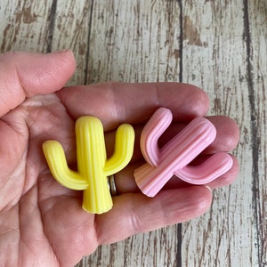 Pu&ograve; includere: Due piccole figurine a forma di cactus, una gialla e una rosa, sono tenute in una mano. Le figurine sono fatte di un materiale liscio e gommoso e hanno una texture a coste.