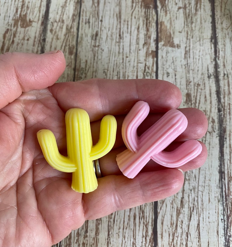 Pu&ograve; includere: Due piccole figurine a forma di cactus, una gialla e una rosa, sono tenute in una mano. Le figurine sono fatte di un materiale liscio e gommoso e hanno una texture a coste.