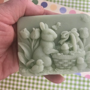 May include: A green soap bar with a detailed design of a bunny rabbit, a bird, tulips, and a basket filled with eggs. The soap is on a green and white checkered background.