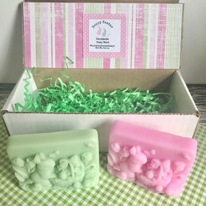May include: Two handmade soap bars in a gift box. The soap bars are green and pink and feature a bunny rabbit design with the text "Hoppy Easter". The soap bars are packaged in a white box with green shredded paper. The box has a pink and green striped lid with a label that reads "Handmade Soap Bars MountainhouseSoaps Net Wt. 4 oz."