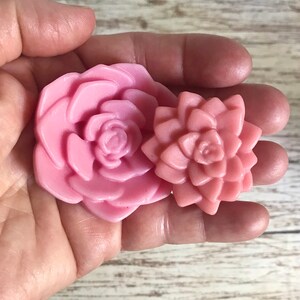 May include: Two pink succulent shaped soaps. The larger soap is a single flower shape, while the smaller soap is a cluster of smaller flowers.