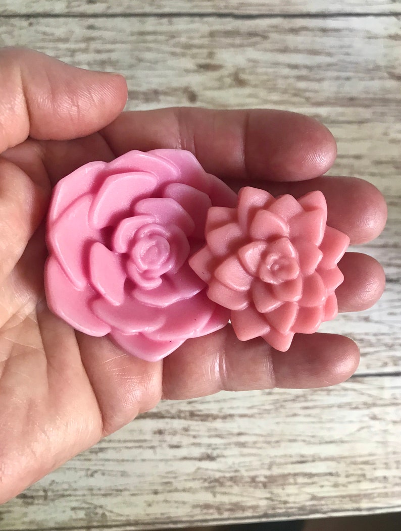 May include: Two pink succulent shaped soaps. The larger soap is a single flower shape, while the smaller soap is a cluster of smaller flowers.