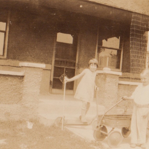 Children at Play Antique Photograph / Child's Play / Sepia / Depression Era / Old Fashioned Kids / Nostalgia / Scooter / Red Wagon Photo