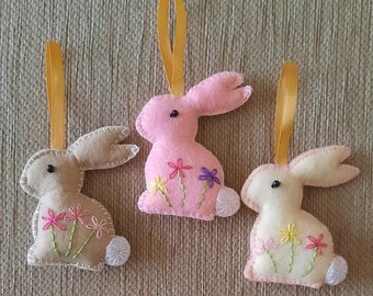 A handmade set of 3 felt Easter bunny twig tree hanging decorations