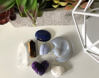 Healing Crystal Starter Kit, Crystal Box, 7 Crystal Set, Amethyst, Tiger Eye, Blue Lace Agate, Lapiz, Quartz, Agate moon, Shiva Heart Fossil